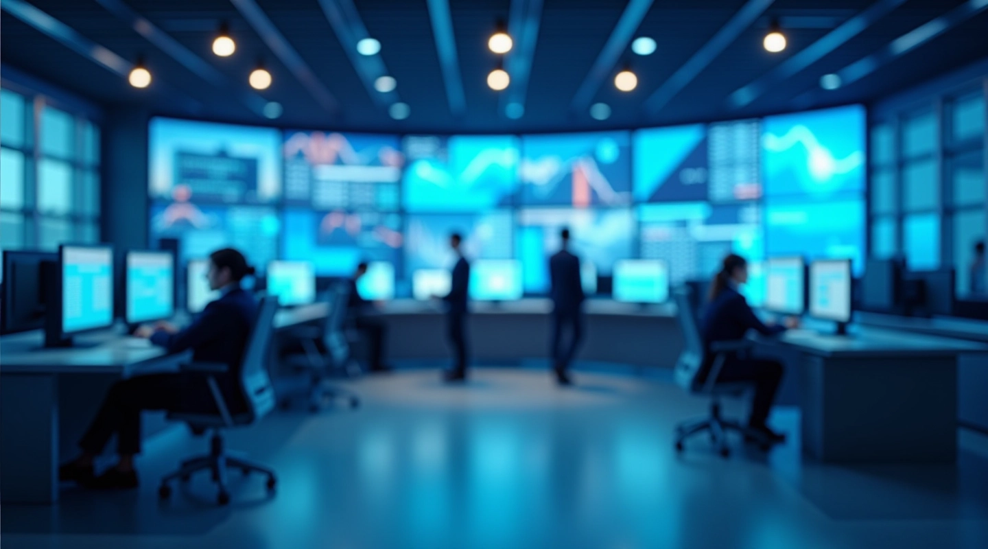Moderns bankas interjers ar digitāliem ekrāniem un profesionāļiem, kas strādā ar finanšu sistēmām